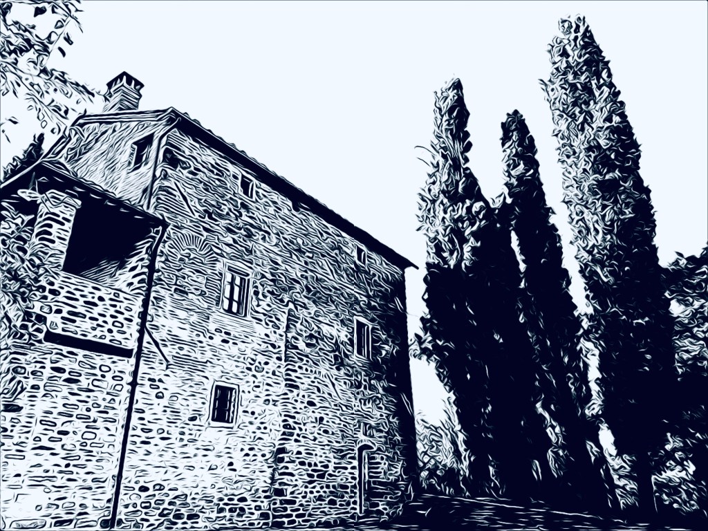 Poggio dell'Esca farmhouse – historic stone building with cypress trees in Valtiberina Tuscany